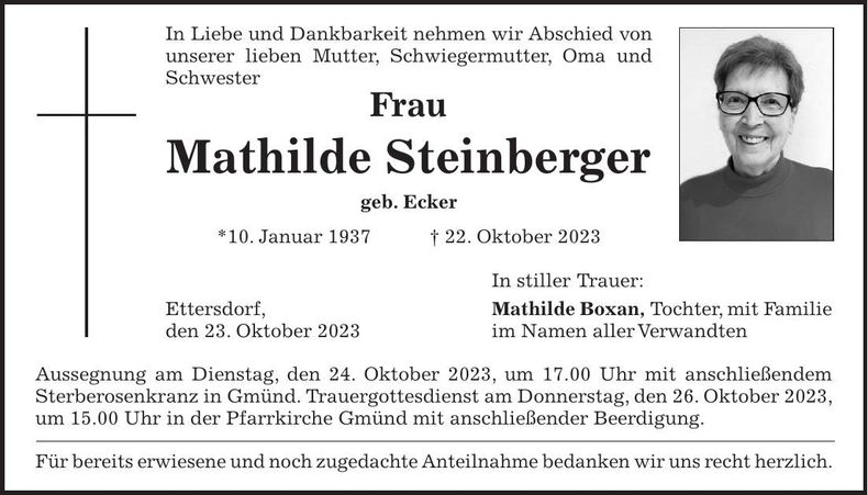 Traueranzeige Mathilde Steinberger