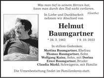 Traueranzeige Helmut Baumgartner