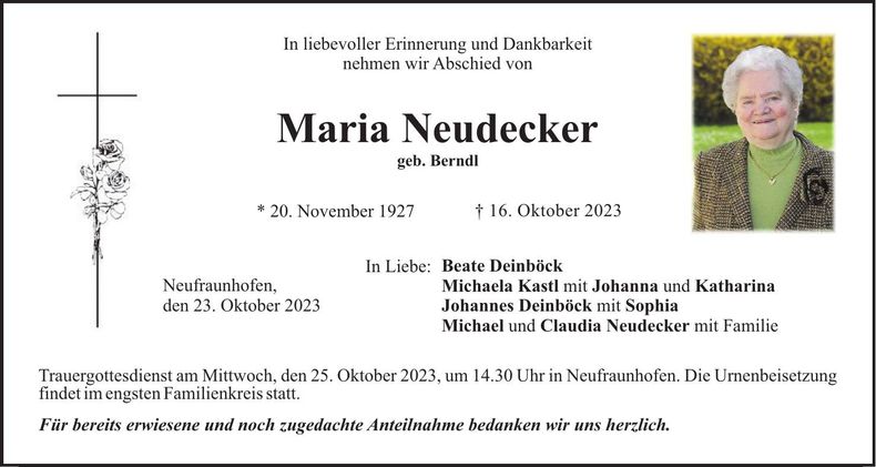 Traueranzeige Maria Neudecker