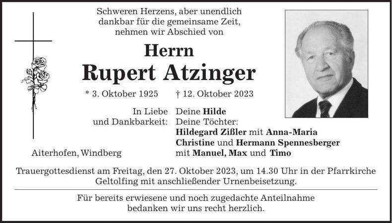 Traueranzeige Rupert Atzinger