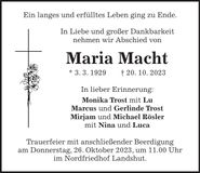 Traueranzeige Maria Macht
