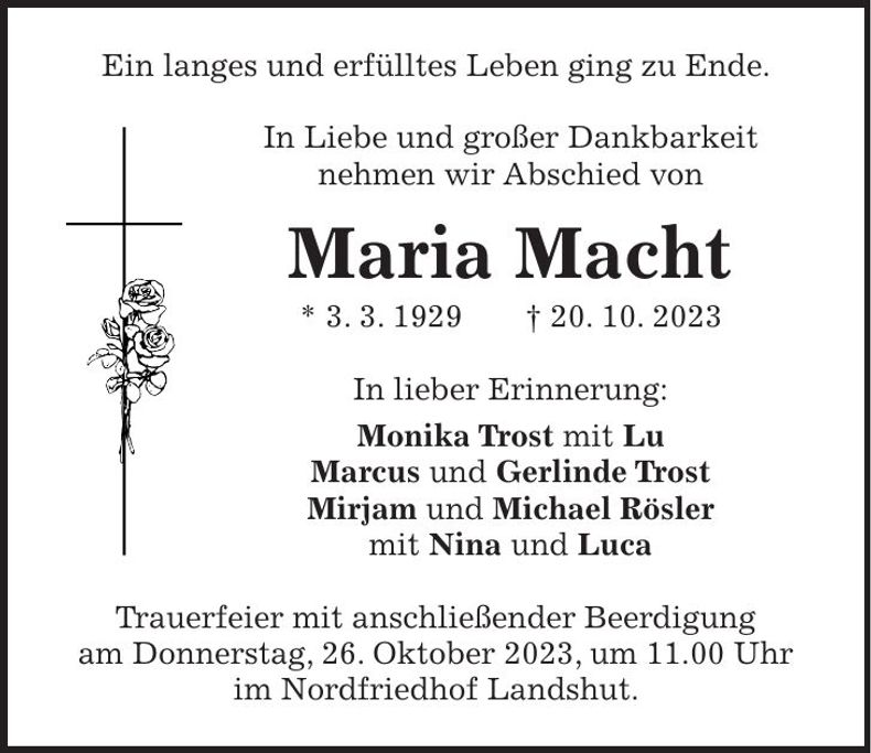 Traueranzeige Maria Macht