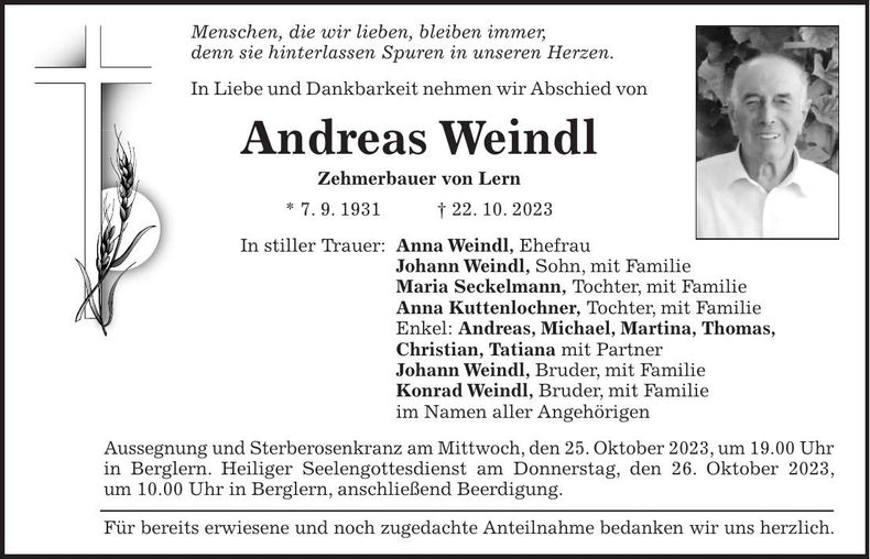 Traueranzeige Andreas Weindl