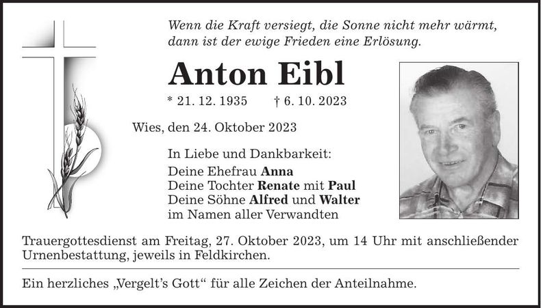 Traueranzeige Anton Eibl
