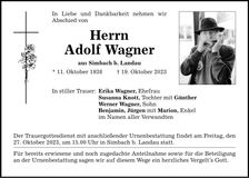 Traueranzeige Adolf Wagner