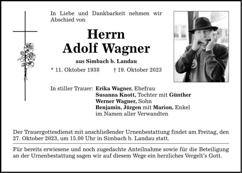 Traueranzeige Adolf Wagner