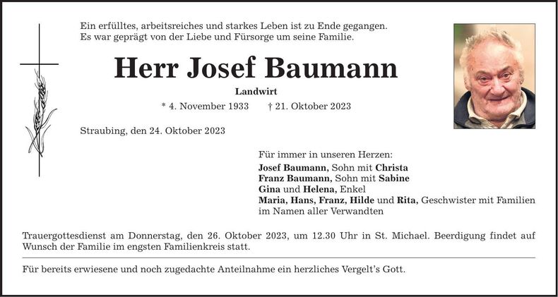 Traueranzeige Josef Baumann