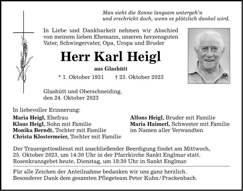 Traueranzeige Karl Heigl