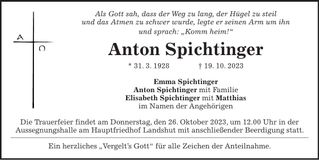Traueranzeige Anton Spichtinger