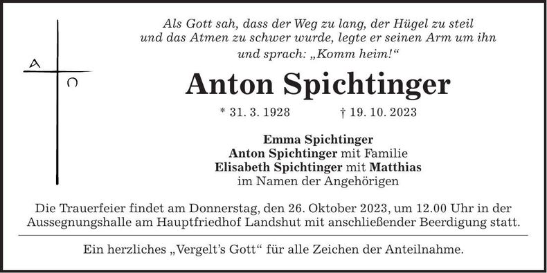 Traueranzeige Anton Spichtinger