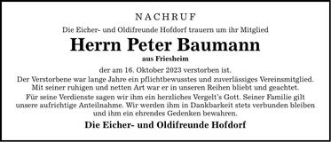 Traueranzeige Peter Baumann