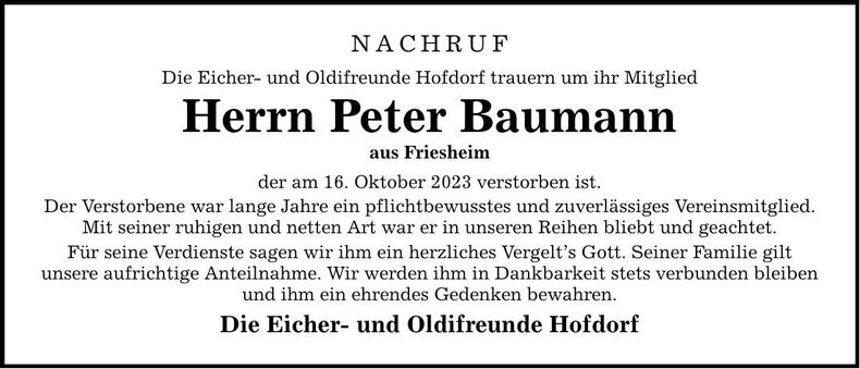 Traueranzeige Peter Baumann
