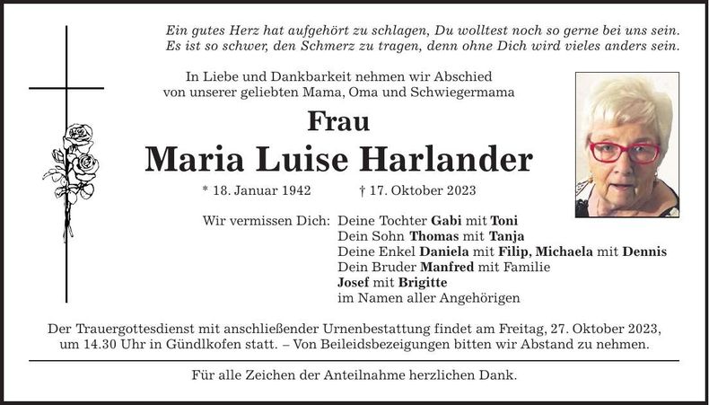 Traueranzeige Maria Luise Harlander