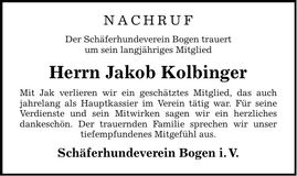 Traueranzeige Jakob Kolbinger