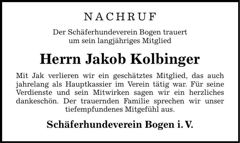 Traueranzeige Jakob Kolbinger