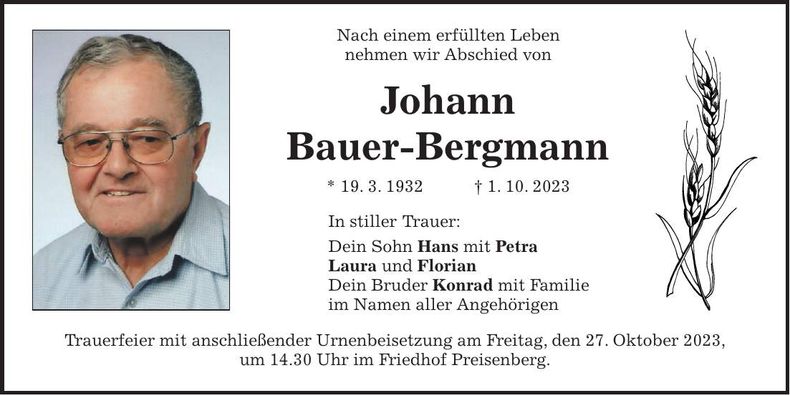 Traueranzeige Johann Bauer-Bergmann