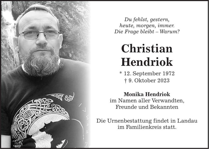 Traueranzeige Christian Hendroik
