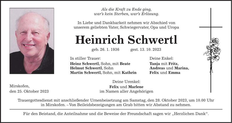 Traueranzeige Heinrich Schwertl