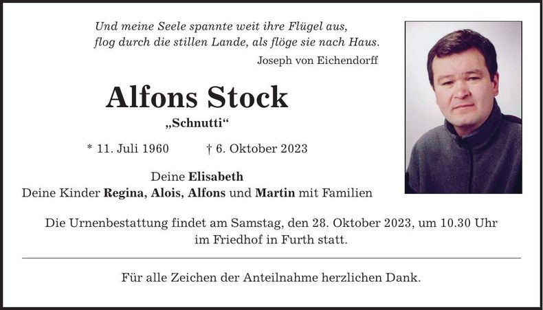 Traueranzeige Alfons Stock