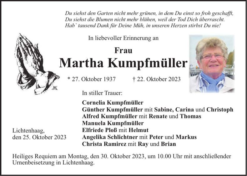 Traueranzeige Martha Kumpfmüller