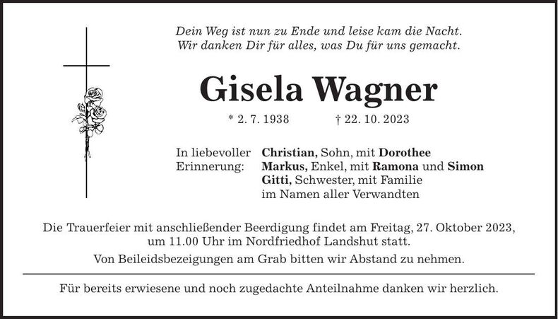 Traueranzeige Gisela Wagner