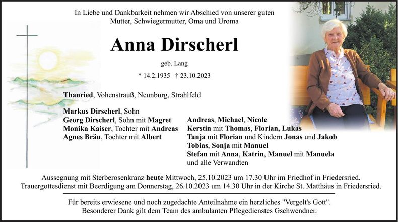 Traueranzeige Anna Dirscherl