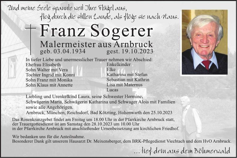 Traueranzeige Franz Sogerer