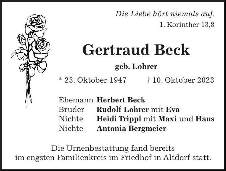 Traueranzeige Gertraud Beck