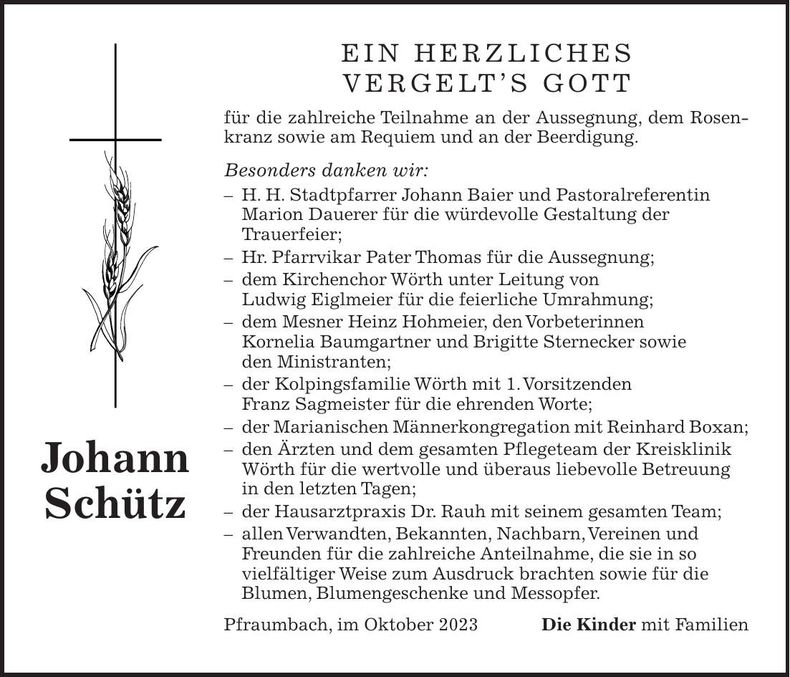 Traueranzeige Johann Schütz