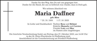 Traueranzeige Maria Daffner