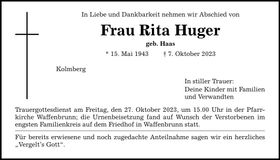Traueranzeige Rita Huger