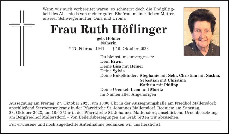 Traueranzeige Ruth Höflinger