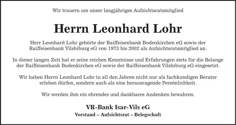 Traueranzeige Leonhard Lohr
