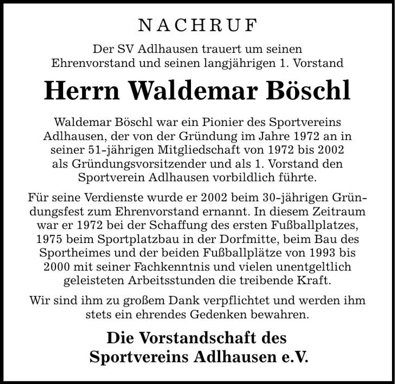 Traueranzeige Waldemar Böschl