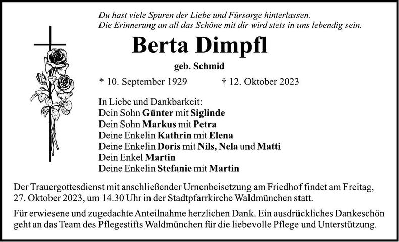 Traueranzeige Berta Dimpfl