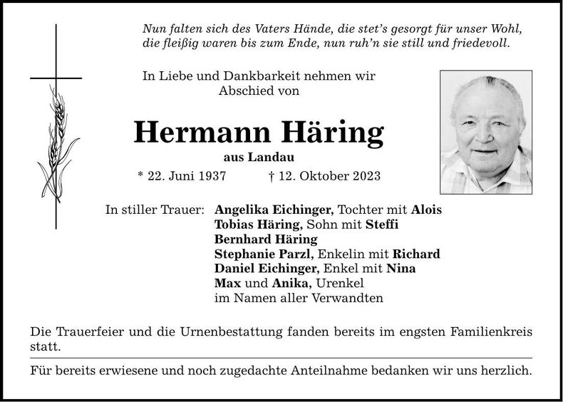 Traueranzeige Hermann Häring