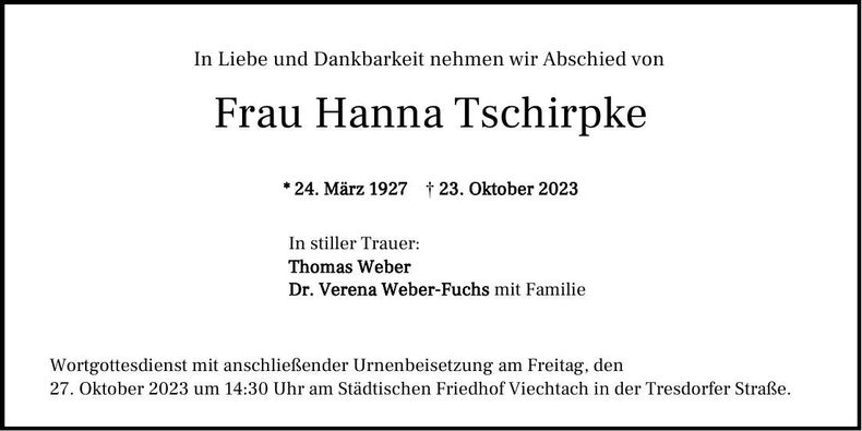 Traueranzeige Hanna Tschirpke