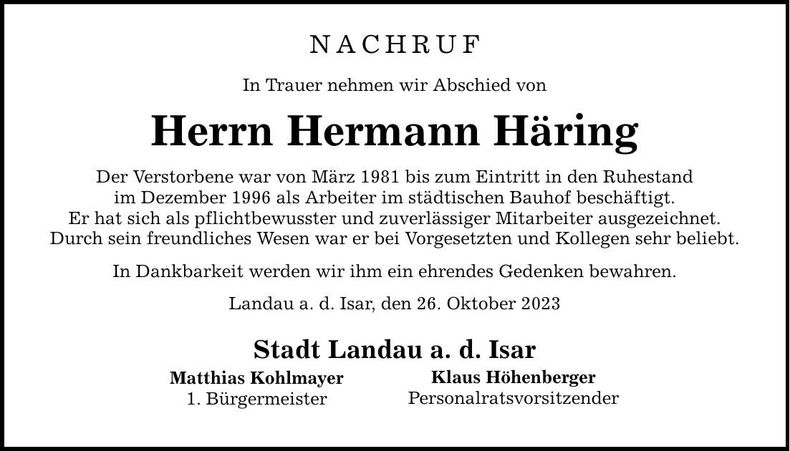 Traueranzeige Hermann Häring
