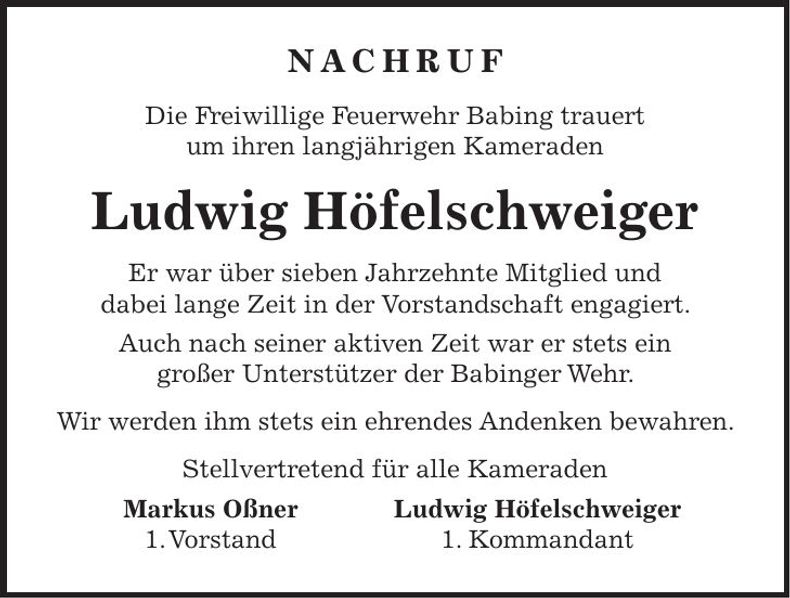 Traueranzeige Ludwig Höfelschweiger