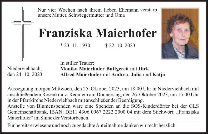 Traueranzeige Franziska Maierhofer