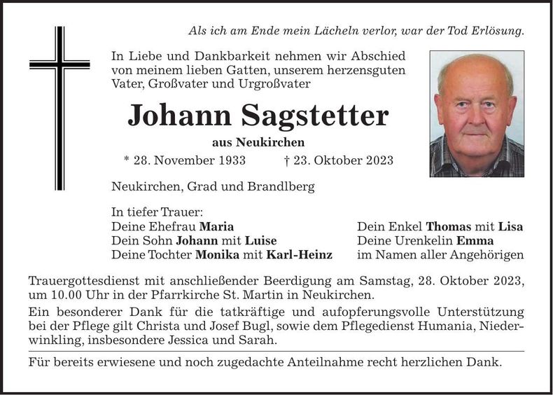 Traueranzeige Johann Sagstetter