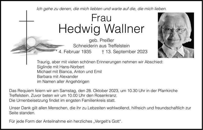 Traueranzeige Hedwig Wallner