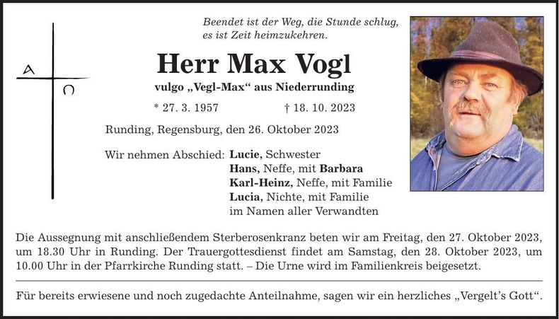 Traueranzeige Max Vogl