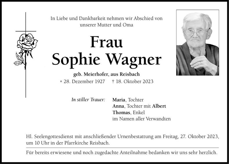 Traueranzeige Sophie Wagner