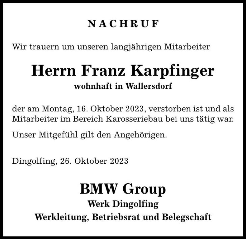 Traueranzeige Franz Karpfinger