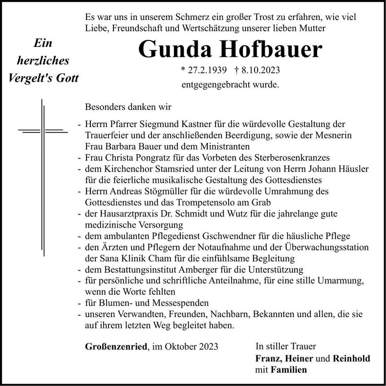 Traueranzeige Gunda Hofbauer