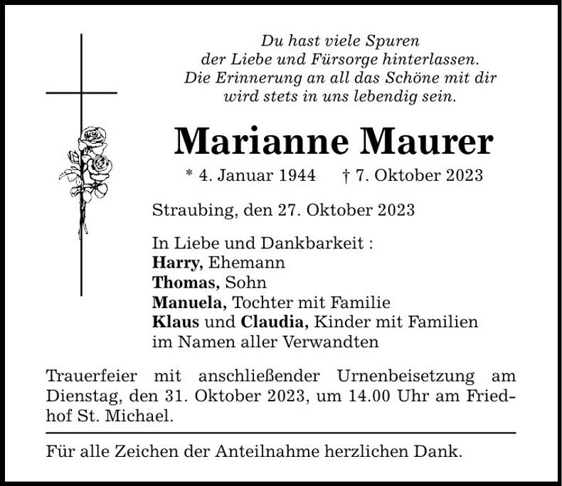Traueranzeige Marianne Maurer