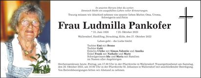Traueranzeige Ludmilla Pankofer