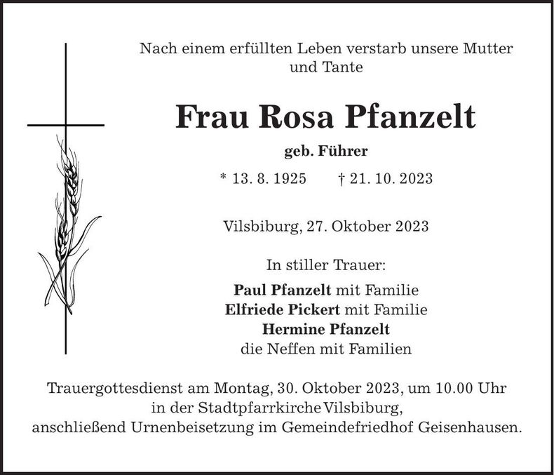 Traueranzeige Rosa Pfanzelt