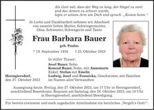 Traueranzeige Barbara Bauer